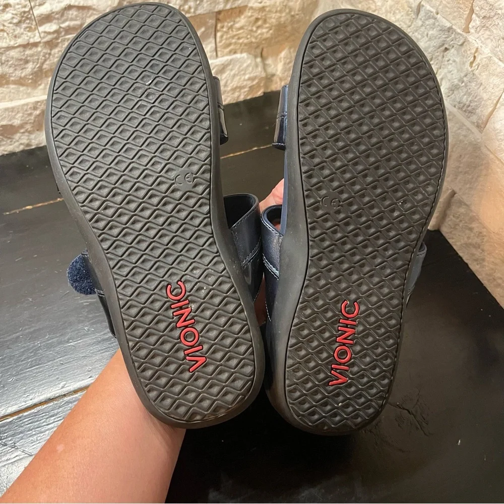 Vionic Shore navy blue double strap slide sandals slides slip ons patent leather - Picture 6 of 6